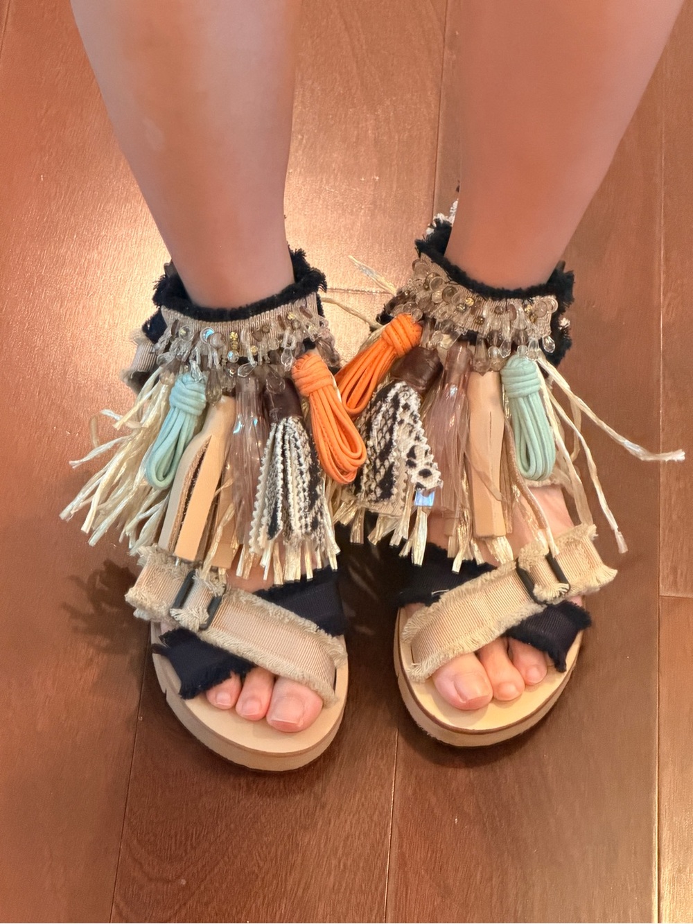 MSGM Boho Tassel Fringe Sandals in Navy, Beige, Mint & Orange
